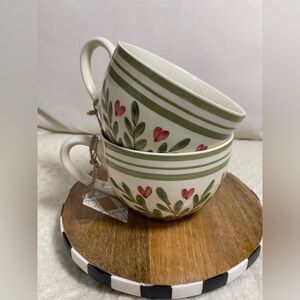 2 Hand  Painted Ceramic Oversized Heart Mug Soup Bowl Pink Green Made in India